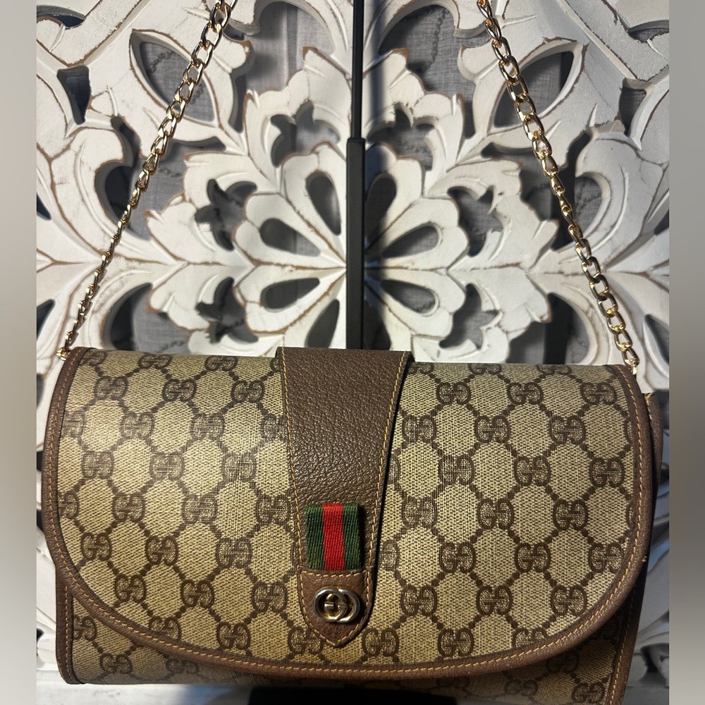 Gucci GG Supreme Web Stripe Clutch Wallet Crossbody Brown Vintage - Picture 15 of 15